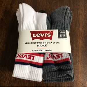 Levi's 8 PK men’s  crew socks half cushion superior comfort white/gray.10-13